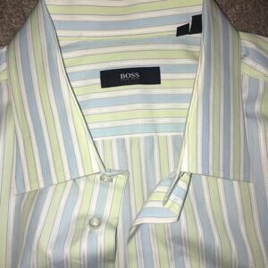 EUC Hugo Boss Pristine Long Sleeve Dress Shirt Blue Yellow Men’s Size 17 34/35